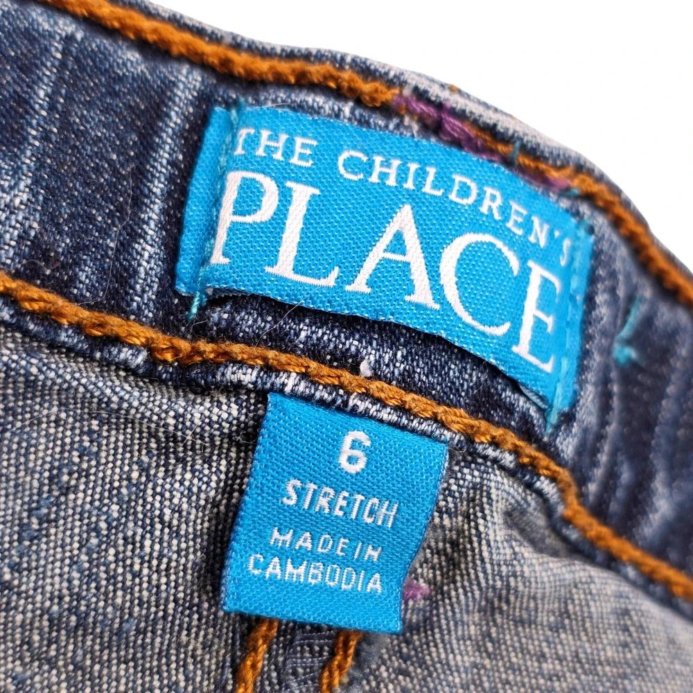 The Childrens Place Girls Blue Jeans Purple Floral Leopard Cuff Size 6‎ Y2K VNTG